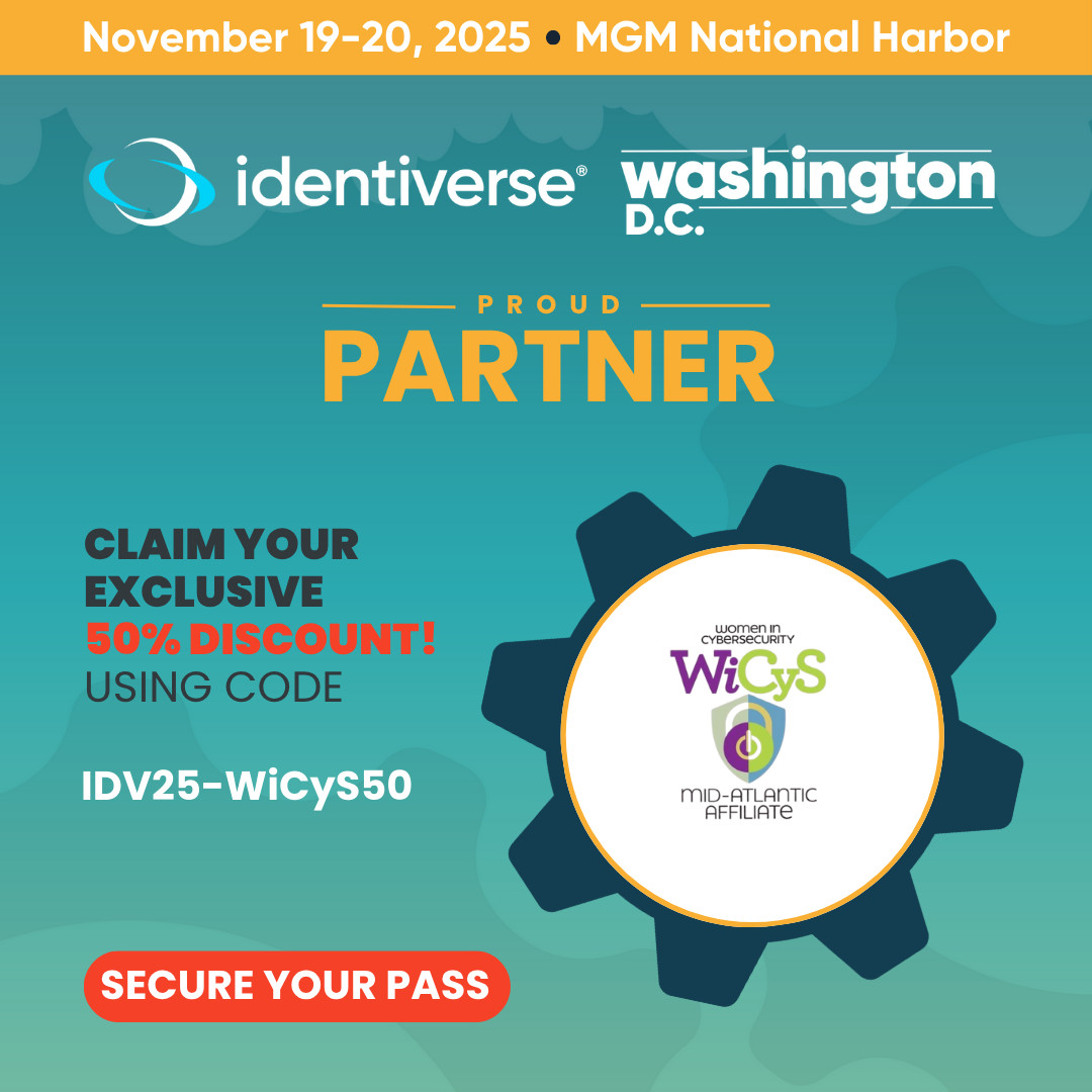 Invitation to the Identiverse event in Washington DC showing the discount and log of WiCyS midAtlantic